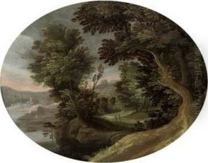 A Wooded River Landscape With Travellers On A Track