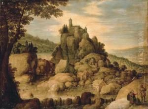 An Extensive Rocky River Landscape With Pilgrims Resting On A Path