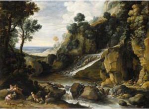 Rocky Landscape With A Waterfall
 Nymphs And Satyrs Resting By A River by Marten Ryckaert