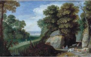 A Rocky Pastoral Landscape With 
The Flight Into Egypt, Shepherds Tending Their Flocks Beyond