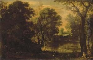 An Extensive River Landscape With Sportsmen Shooting Duck