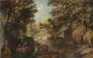 A Wooded River Landscape With Hunters