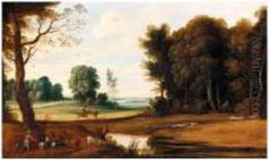 A Wooded Landscape With A 
Shepherd And His Goats On A Path And Hunters With Their Dogs Chasing A 
Hare