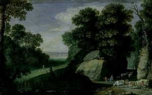Felsige Waldlandschaft Mit Hirtenstaffage. - view 1