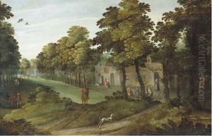 A Village Landscape With An Avenue Of Trees, A Horseman And A Dog In The Foreground