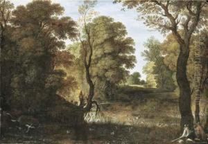 A Wooded River Landscape With Sportsmen Shooting Duck by Marten Ryckaert
