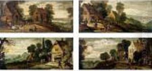 Village Scenes With Soldiers And Drovers With Cattle