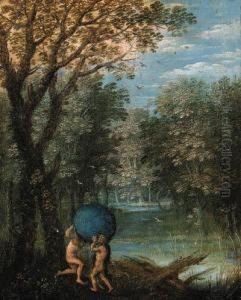 A Wooded River Landscape With
Atlas Passing The World To Hercules;and A Wooded River Landscape With A
Huntsman, Hercules And Cerberusbeyond by Marten Ryckaert