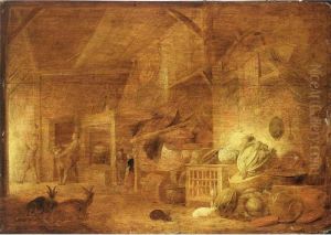 A Barn Still Life With Cabbages,
Kitchen Utensils, Poultry In A Cage, Rabbits, Two Goats And Peasants In
The Background by Frans, Francois Ryckhals