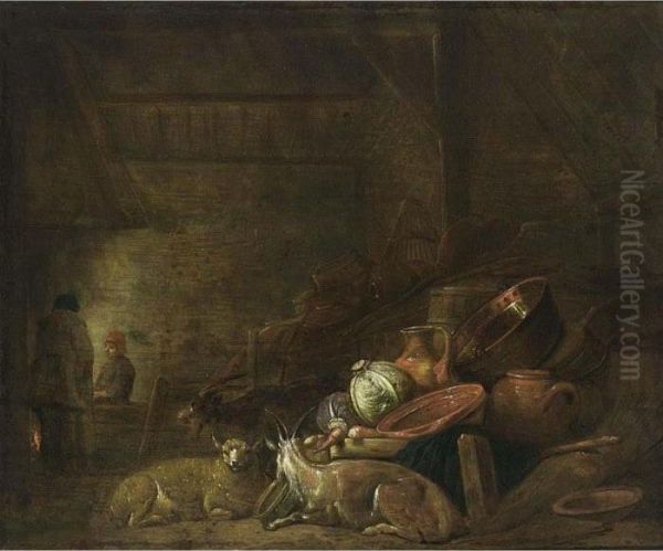 A Barn Interior With A Kitchen Still Life Together With A Goat And A Sheep - view 1