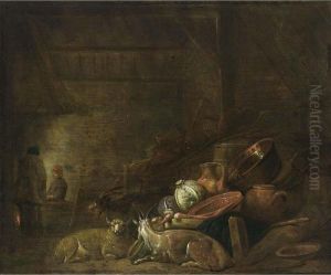 A Barn Interior With A Kitchen Still Life Together With A Goat And A Sheep by Frans, Francois Ryckhals
