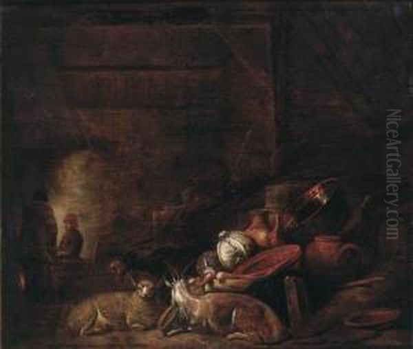 Cabbages, A Copper Bucket, An
Earthenware Strainer And Otherutensils, With A Goat And A Sheep In A
Barn, Peasants By A Firebeyond - view 1