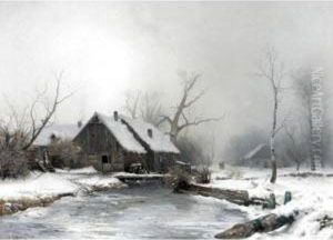 A Farmstead In A Snowy Landscape by Gustaf Rydberg