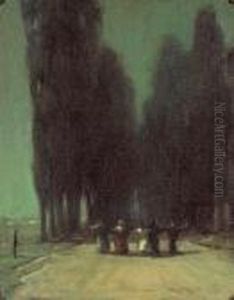 Row Of Cypress Trees With Figures