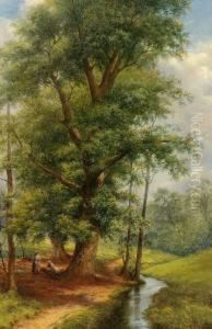 Fruhlingslandschaft Mit Grosem Baum Neben Bach Und Holzleserinnen Fruhlingslandschaft Mit Grosem Baum Neben Bach Und Holzleserinnen