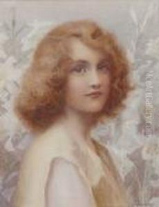Portrait Of A Young Woman Amidst Lilies,signed, Watercolour