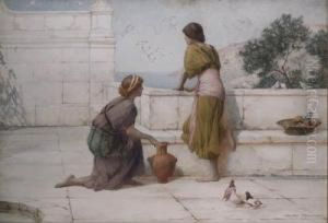 Young Girls On A Classical Terrace With A View Of The Seabeyond by Henry Ryland
