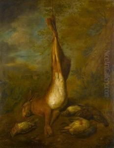 A Dead Hanging Hare With A Dead Greypartridge, A Woodcock And A Thrush In A Landscape by Pieter Andreas Rysbrack