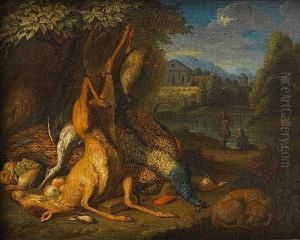 A Dead Deer, Peacock, Heron And 
Other Birds At The Foot Of A Tree, A Dog Asleep Nearby And Huntsmen 
Beyond