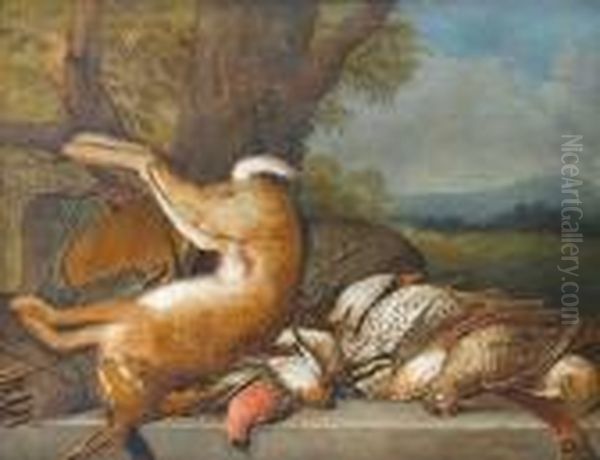A Dead Hare With A Dead 
Woodcock, Bullfinch, Great Tit And Other Thrushes And Finches On A Stone
 Ledge With Hunting Paraphanalia, A Landscape Beyond - view 1