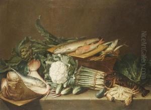 Asparagus, Artichokes, A
Cauliflower And Other Vegetables On A Stone Ledge With A Dead Skate,
Mackerel, Red Mullet And A Trout Asparagus, Artichokes, A
Cauliflower And Other Vegetables On A Stone Ledge With A Dead Skate,
Mackerel, Red Mullet And A Trout