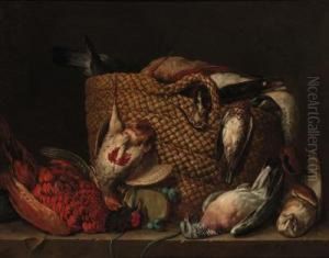 A Pheasant, Pigeon, Owl, And A 
Basket With A Partridge, Duck,lapwing And Woodcock On A Ledge