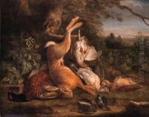 A Dead Hare Hanging From A Tree
With A Dead Pheasant, A Snipe, Adove, A Patridge And Dead Songbirds On A
Mossy Bank In Alandscape by Pieter Andreas Rysbrack