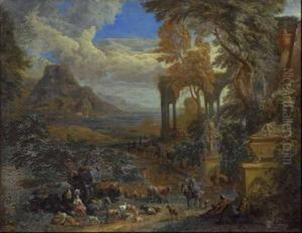 Sudliche Landschaft Mit Architekturen Zwischen Baumen - view 1