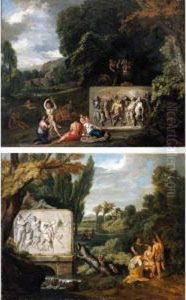 A Classical Scene With A 
Sarcophagus, Depicting Pan And The Drunken Silenus, On A Small Bridge 
Over A Stream