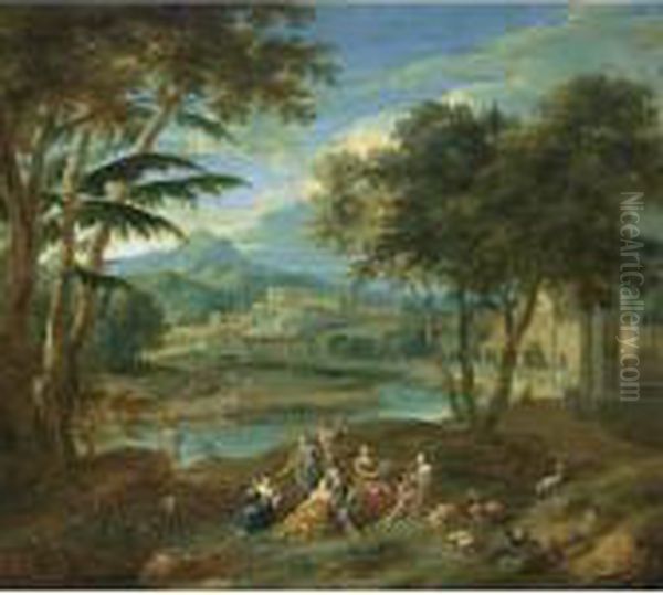 A Classical Landscape With
Figures Making Music In The Foreground And Fishermen Near A Stream, A
Village In The Background - view 1