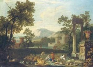 An Italianate Landscape With Shepherds By Classical Ruins