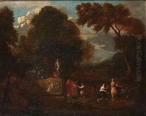 An Arcadian Landscape With 
Figures Making A Sacrifice Before An Altar; And Figures Borne Upon A 
Cloud Appearing Before Kneeling Figures In An Arcadian Landscape by Pieter Rysbrack