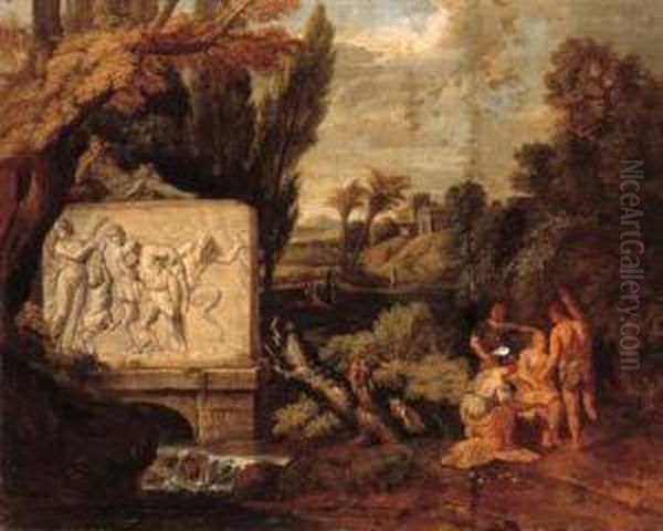 A Classical Landscape With
Maidens Dancing By A Sarcophagusdepicting The Triumph Of Silenus; And A
Classical Landscape Withfigures Resting By A Stream With A Sarcophagus
Depicting Pan Andthe Drunken Silenus - view 1