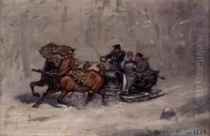 Pferdeschlittenfahrt Bei Sturmischem Wetter by Jozef Ryszkiewicz