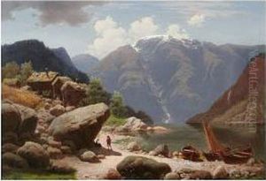 Mountain Valley With Figures And Boats At A Lake Edge by Georg-Eduard Otto Saal