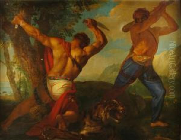 "una Tigre Assalita Da Due
Cacciatori" Olio Su Tela Firmato E Datato In Basso A Destra "luigi
Sabatelli 1845". Autentica Del Prof. Ferdinando Mazzocca - view 1