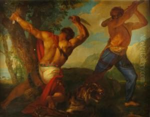 "una Tigre Assalita Da Due 
Cacciatori" Olio Su Tela Firmato E Datato In Basso A Destra "luigi 
Sabatelli 1845". Autentica Del Prof. Ferdinando Mazzocca