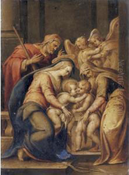 The Holy Family With Saints 
Elizabeth And The Infant Saint John The Baptist, Two Angels Behind - view 1