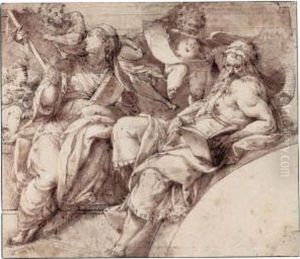 A Sibyl And A Prophet With Angels: Design For A Section Of The Decoration Of An Archway by Lorenzo Sabatini