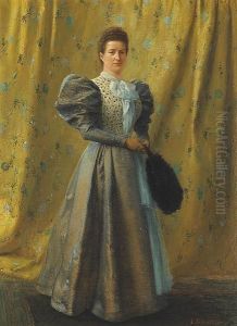 A Portrait Of A Lady, Full Length, Holding A Fan by Louis Remy Sabattier
