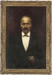 Portrait Of A Gentleman, Half-length, In A Black Suit, White Shirt And Chequered Bow Tie by Cesare Saccaggi