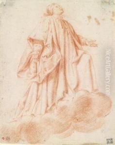 A Praying Saint Hovering On A Cloud