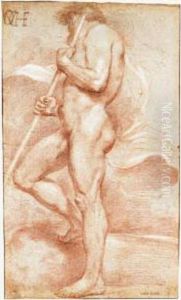 Standing Male Nude Holding A Staff, Seen From The Side by Andrea Sacchi