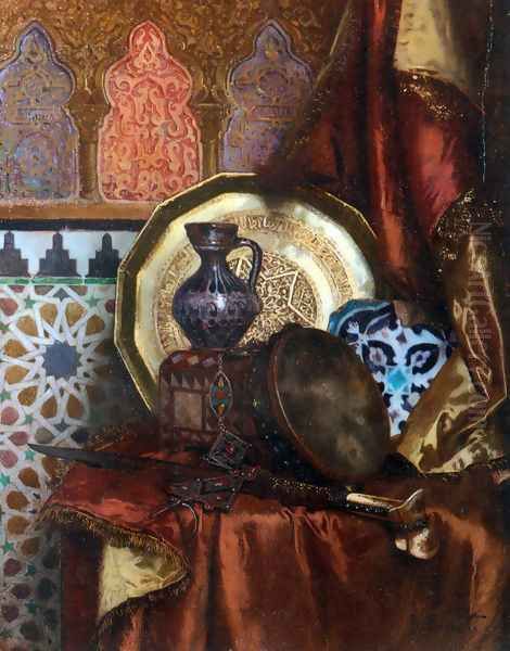 A Tambourine, Knife, Moroccan Tile and Plate on Satin covered Table - view 1