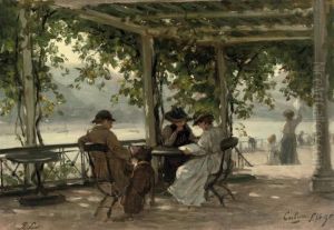 On A Terrace Under A Pergola Near The River Rhine, Cochum by Philippe Lodowyck Jacob Sadee