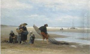 Shrimpers On Scheveningen Beach by Philippe Lodowyck Jacob Sadee