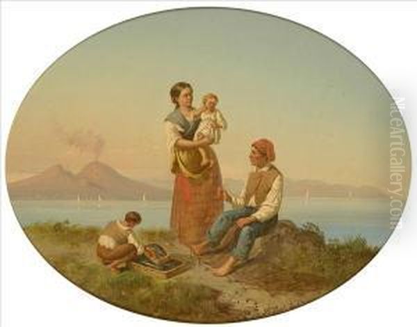 The Fisherman'sfamily; Weaving
The Pots, Sunlit Neapolitan Coastal Scenes, Theformer With Fishing Boats
And Vesuvius Beyond - view 1