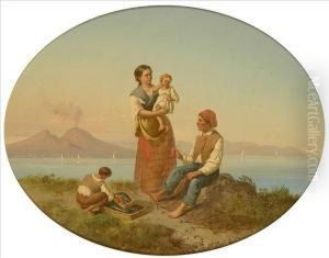 The Fisherman'sfamily; Weaving
The Pots, Sunlit Neapolitan Coastal Scenes, Theformer With Fishing Boats
And Vesuvius Beyond by Philippe Lodowyck Jacob Sadee