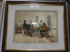 Figures Playing Cards At A Table by Walter-Dendy Sadler