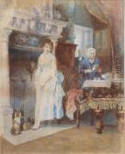 Figures In A Drawing Room With Girl Beside A Fireplace Initialled 13.5 X 11in Figures In A Drawing Room With Girl Beside A Fireplace Initialled 13.5 X 11in